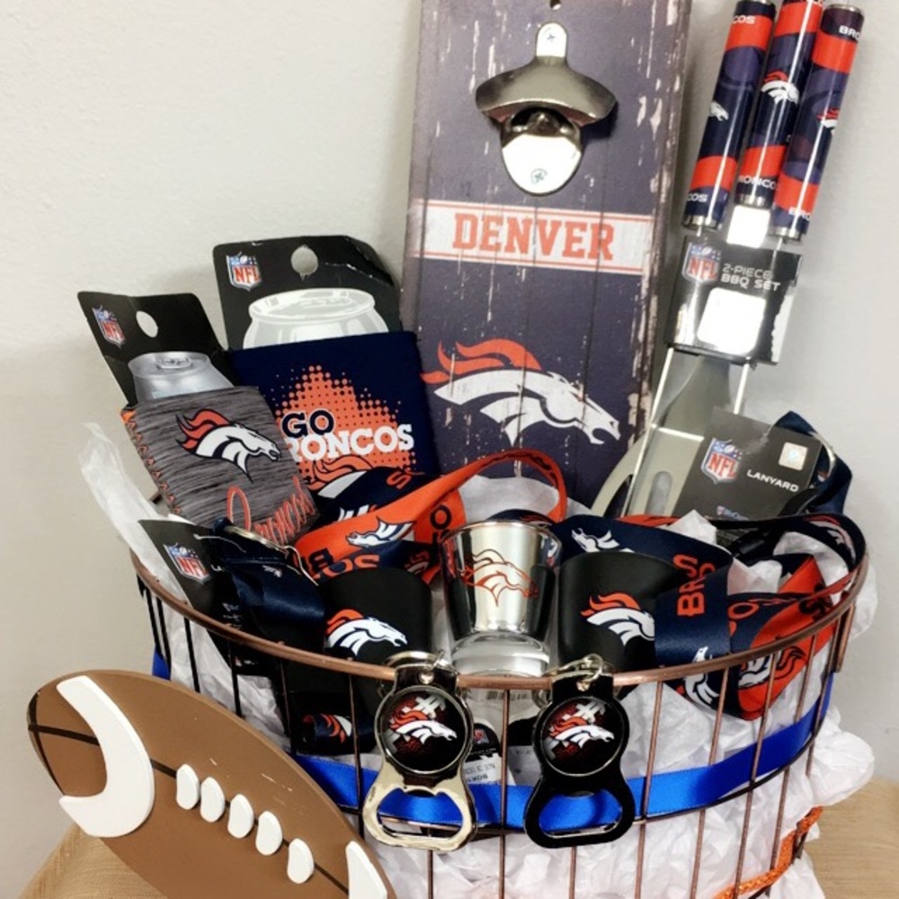 Customized, handmade Broncos gift basket